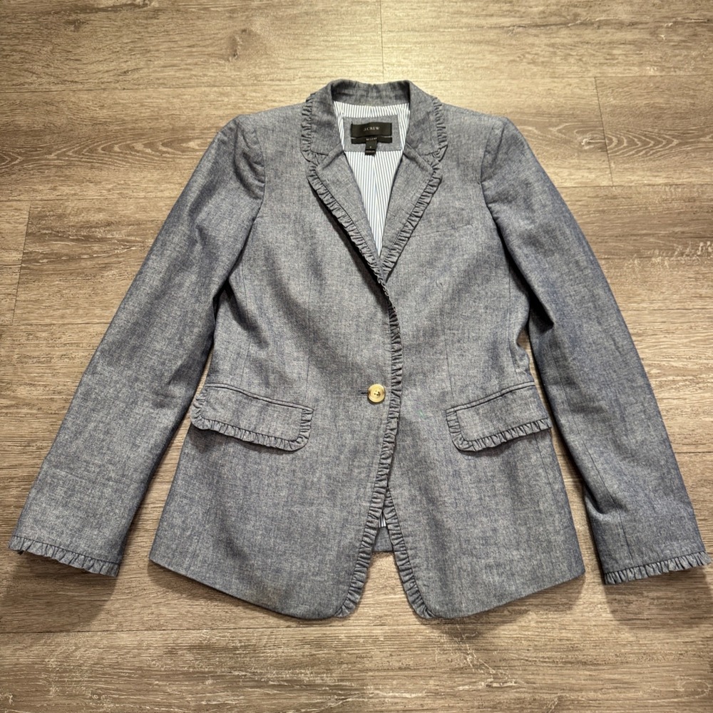 J.Crew Regent Blazer Womens 2 Blue Chambray Cotton Ruffle Trim Jacket Preppy 34R